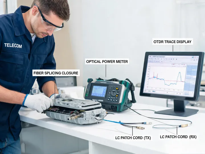 Fiber splicing and optical test bench